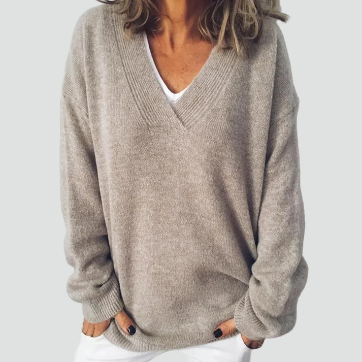 Oversized Beige Trui met V-Hals voor Dames