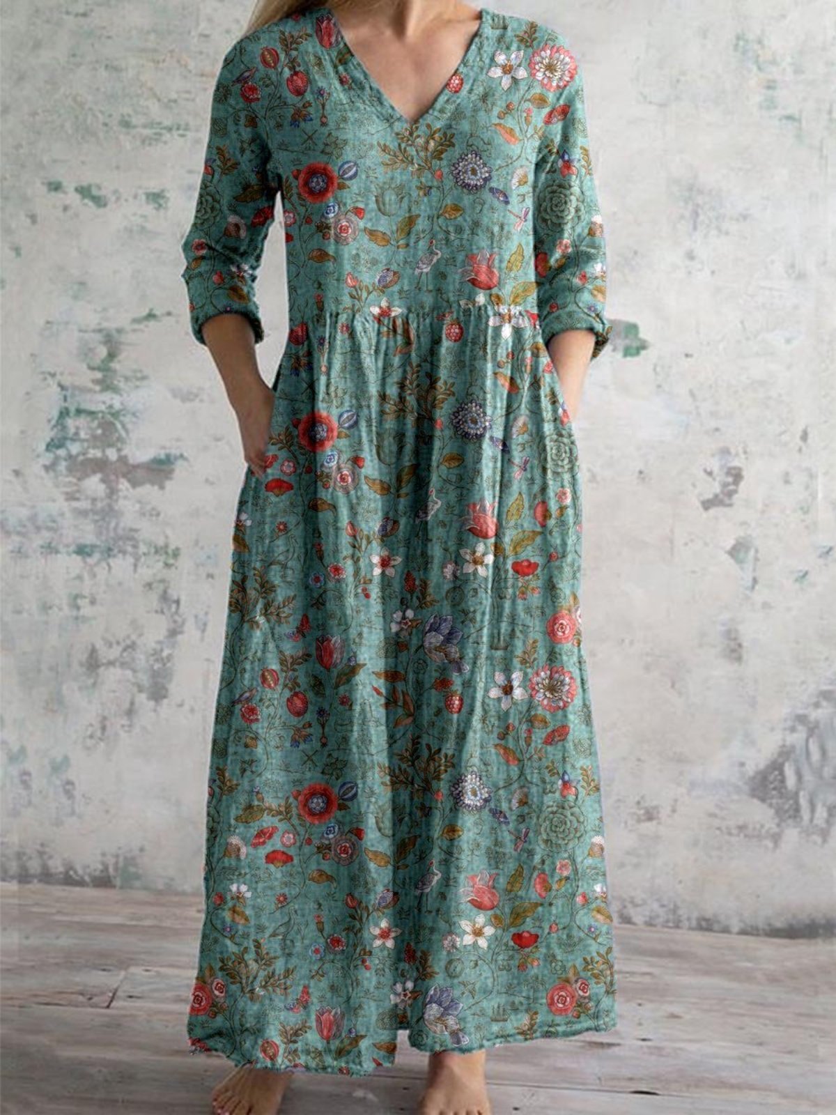 Pryscia - Vintage Bloemige Katoenen Maxi Jurk met V-Hals