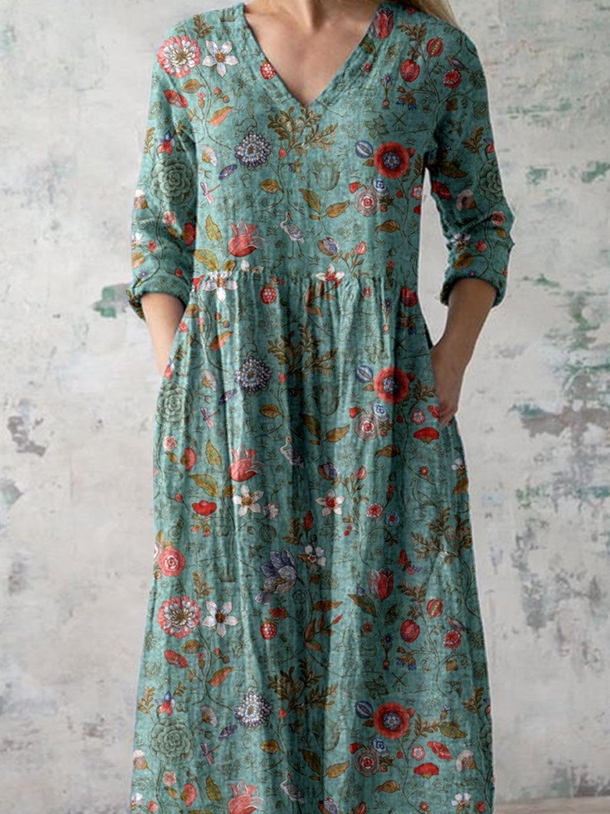 Pryscia - Vintage Bloemige Katoenen Maxi Jurk met V-Hals