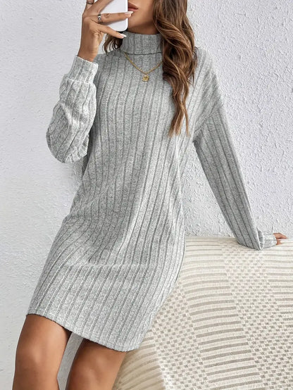 Warme Geribde Mini Sweaterjurk Voor Dames Met Col En Lange Mouwen