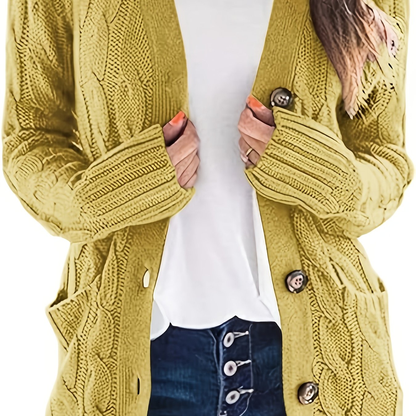 Warm Kabelgebreid Dames Vest Met Knopen En Zakken