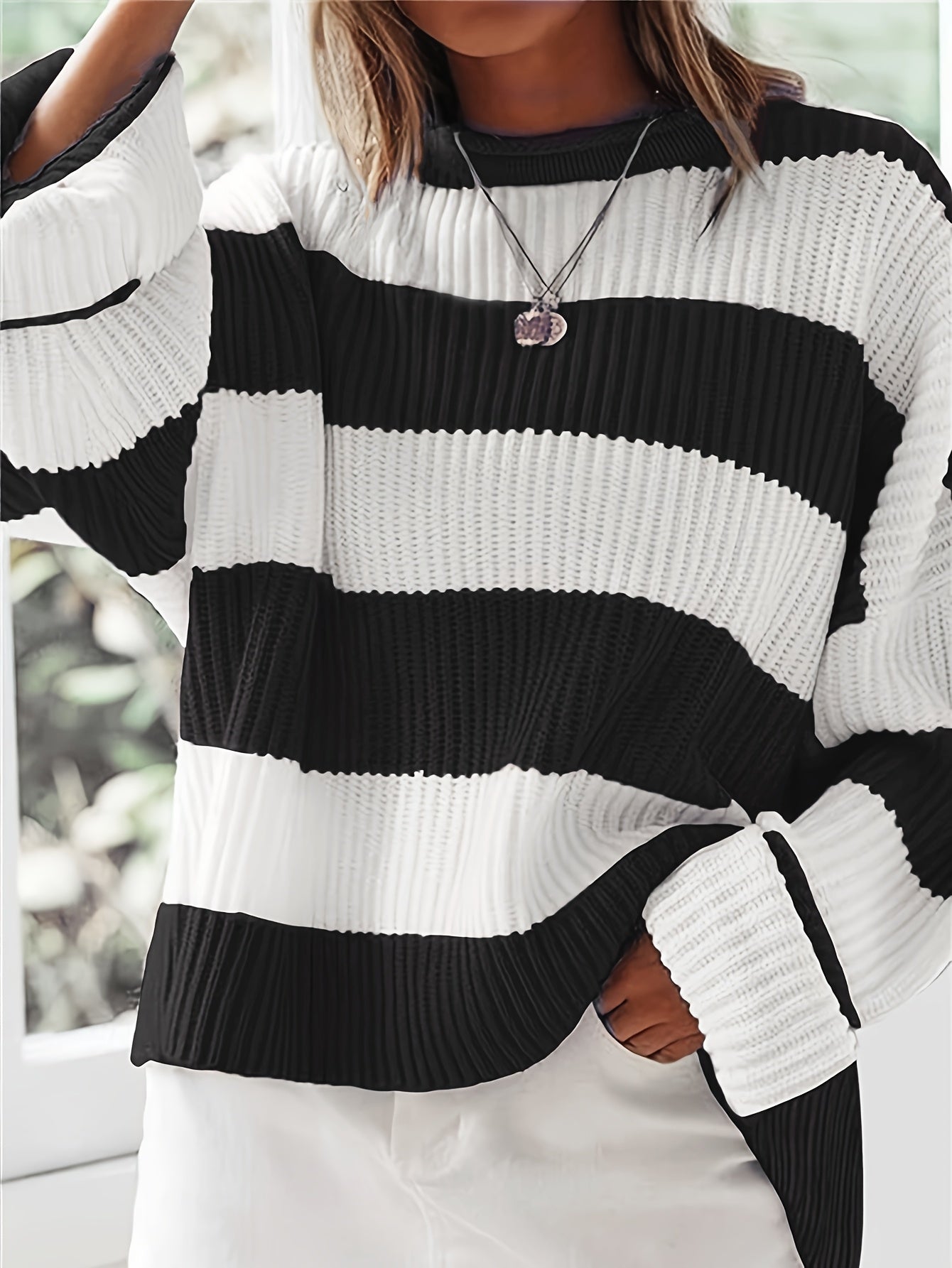 Gestreepte Oversized Trui Voor Dames Met Ronde Hals En Lange Mouwen
