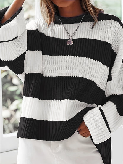 Gestreepte Oversized Trui Voor Dames Met Ronde Hals En Lange Mouwen
