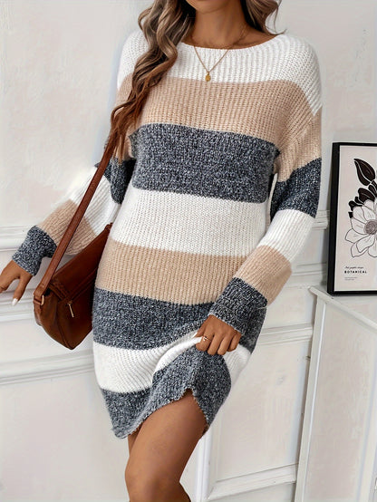 Dames Stijlvolle Gestreepte Mini Sweaterjurk Met Lange Mouwen