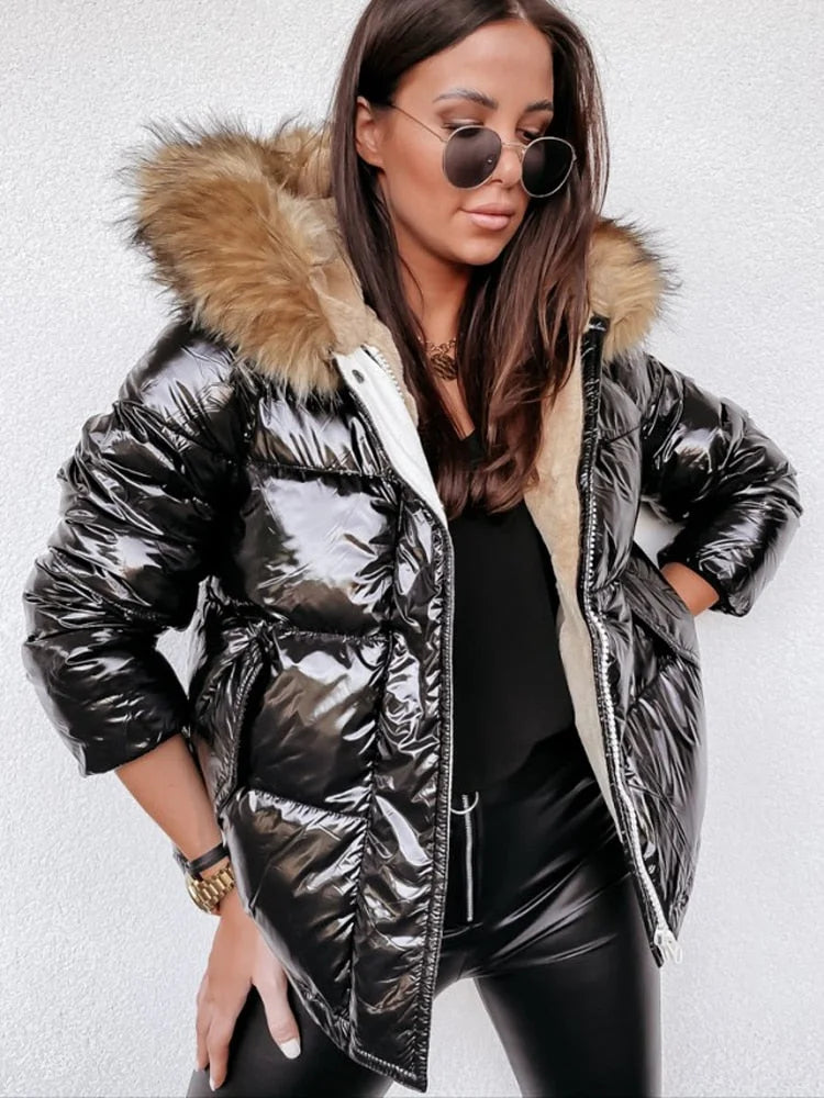 Dames Metallic Puffer Winterjas met Capuchon