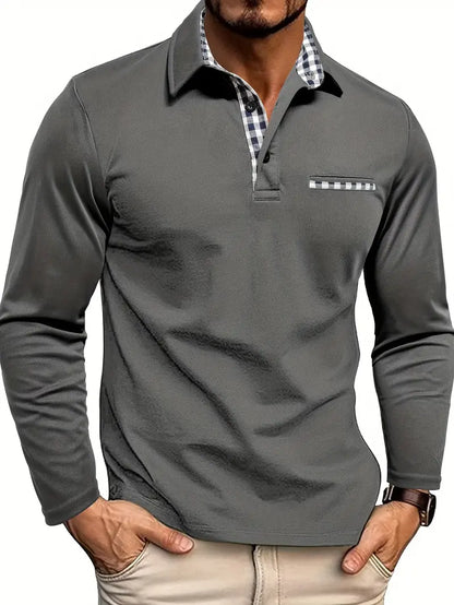 Heren Longsleeve Poloshirt Met Contrastkraag En Borstzakdetail