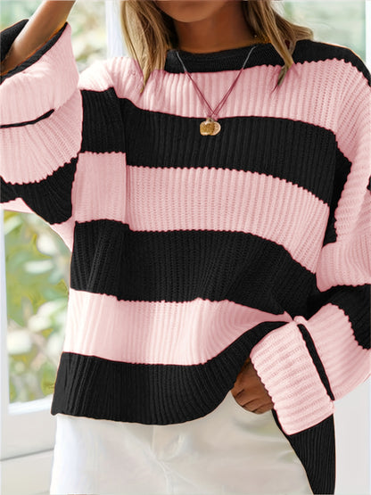 Gestreepte Oversized Trui Voor Dames Met Ronde Hals En Lange Mouwen