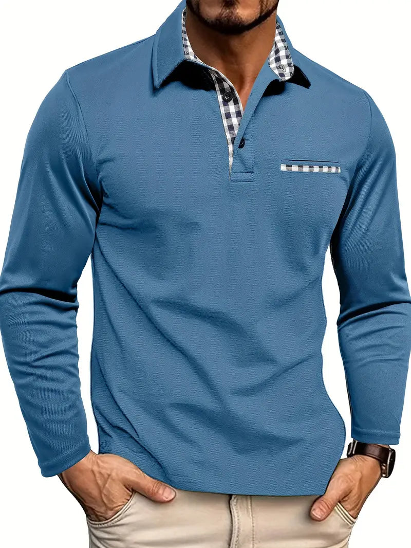 Heren Longsleeve Poloshirt Met Contrastkraag En Borstzakdetail