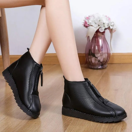 Dames Enkellaarsjes Lederlook Met Rits Voor En Chunky Zool