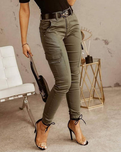 Dames Skinny Cargo Broek Hoge Taille Met Zakken