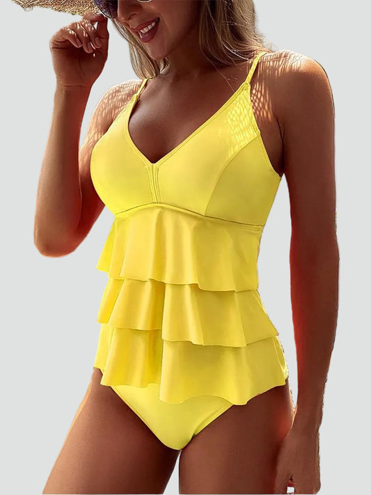Zomerse Dames Badpak met V-hals en Flatterende Volants