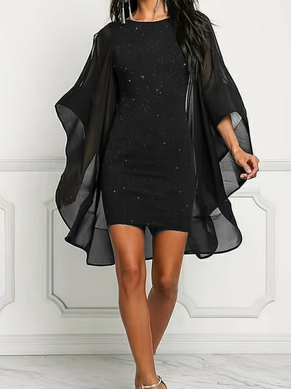 Glitter Cocktail Mini Jurk Met Mesh Vleermuismouwen En Ronde Hals