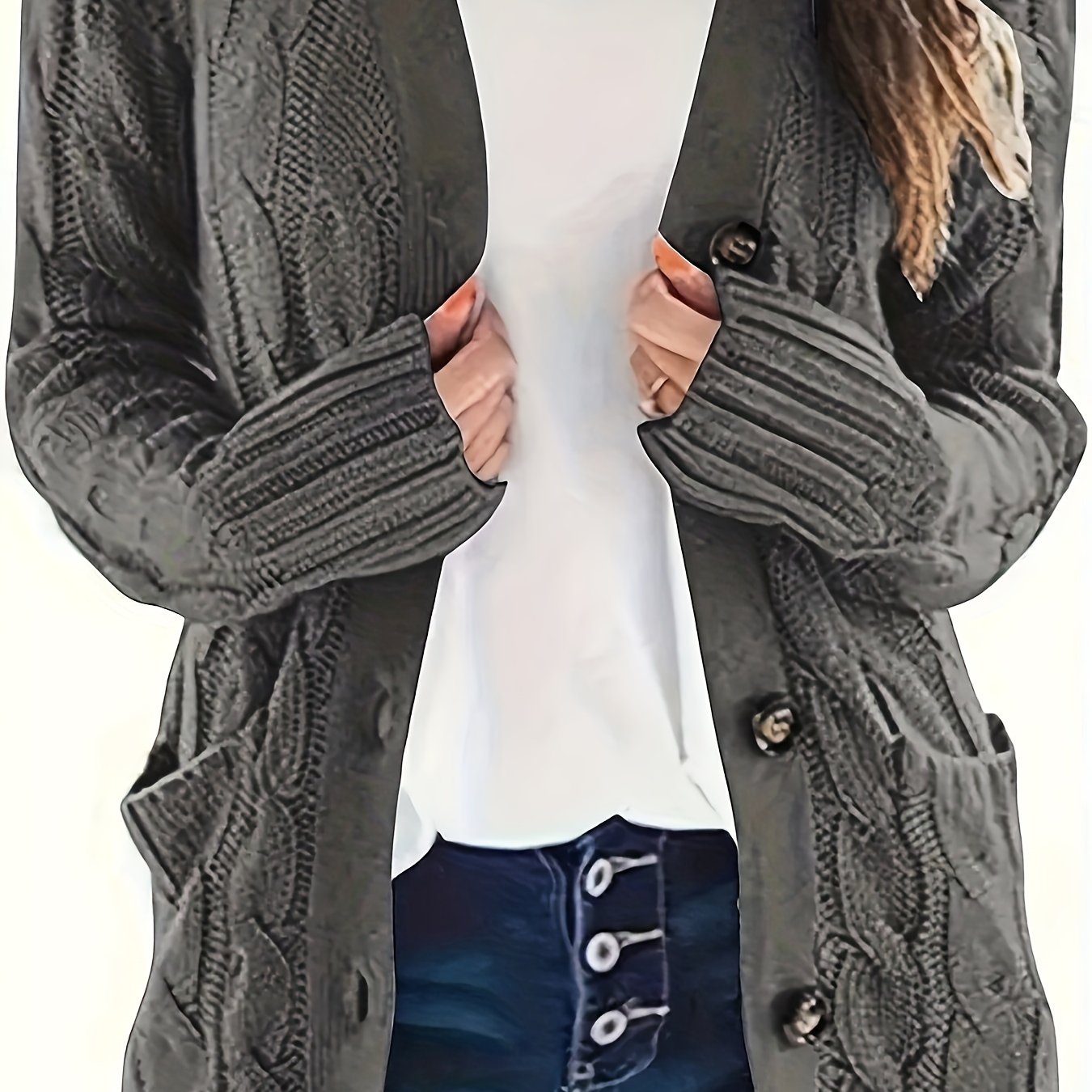 Warm Kabelgebreid Dames Vest Met Knopen En Zakken