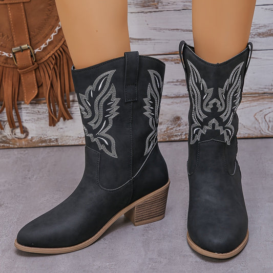 Zwarte Vintage Cowboylaarzen Voor Dames Met Decoratieve Stiksels