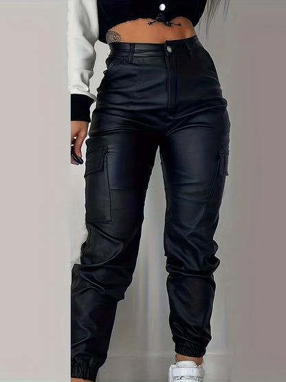 Stoere PU Leren Cargo Broek Voor Dames Met Hoge Taille En Zakken