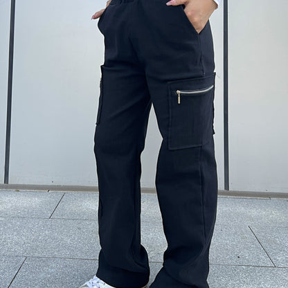 Stoere Zwarte High Waist Cargo Broek Voor Vrouwen Rechte Pijpen