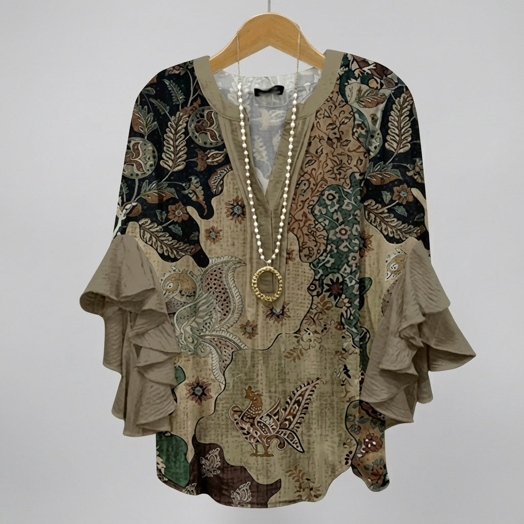 Elegante Dames Tuniek Met Print En Ruches In Donkergroen