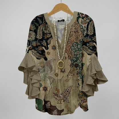 Elegante Dames Tuniek Met Print En Ruches In Donkergroen