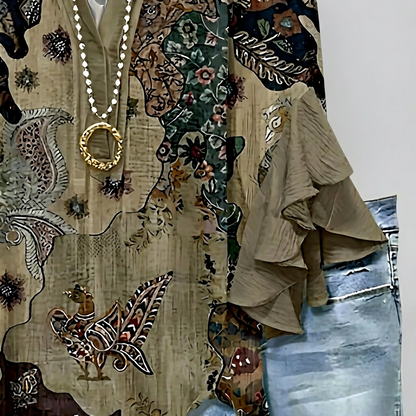 Elegante Dames Tuniek Met Print En Ruches In Donkergroen