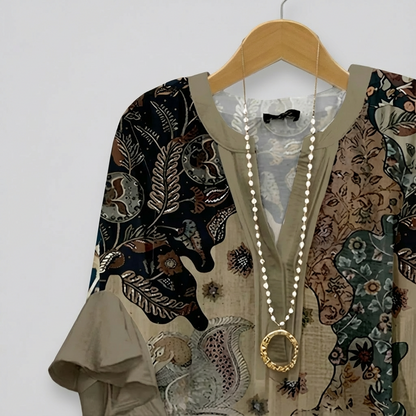 Elegante Dames Tuniek Met Print En Ruches In Donkergroen