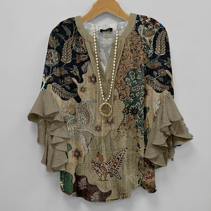 Elegante Dames Tuniek Met Print En Ruches In Donkergroen