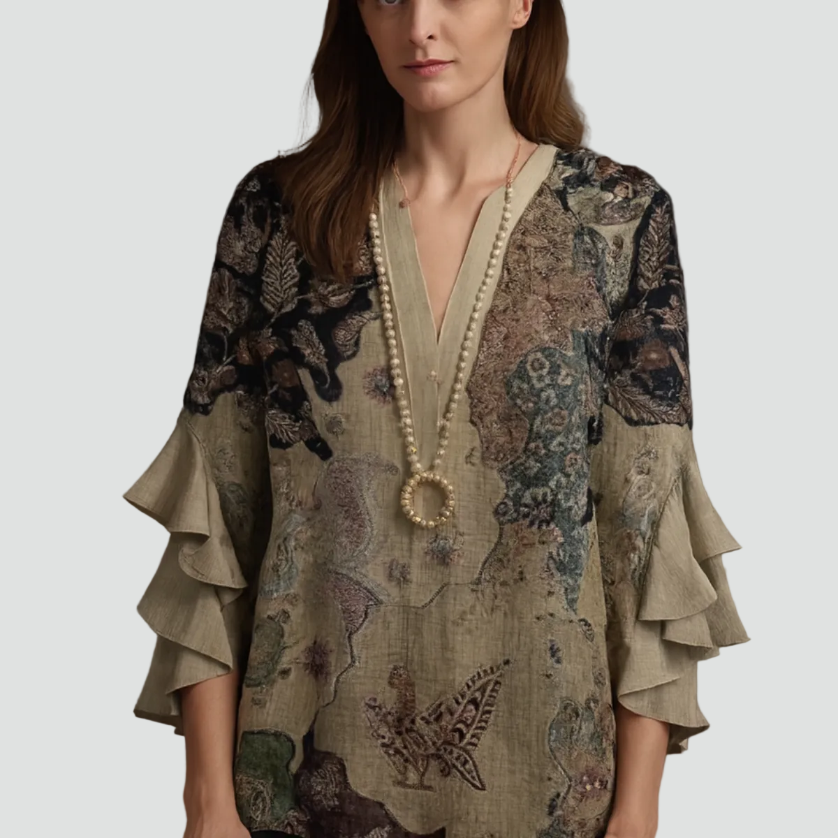 Elegante Dames Tuniek Met Print En Ruches In Donkergroen