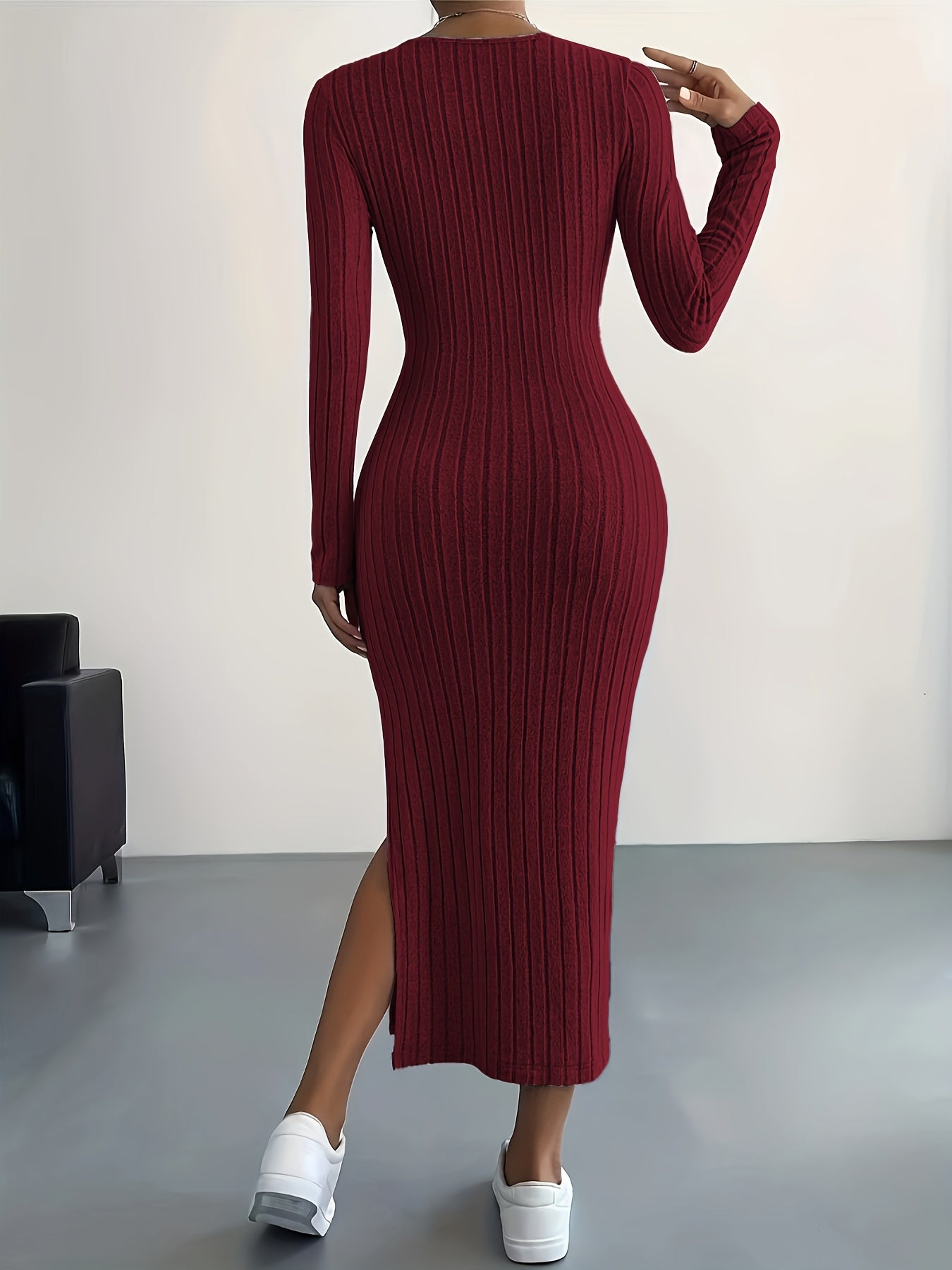 Elegante Warme Geribde Midi Sweaterjurk Voor Dames Met Split