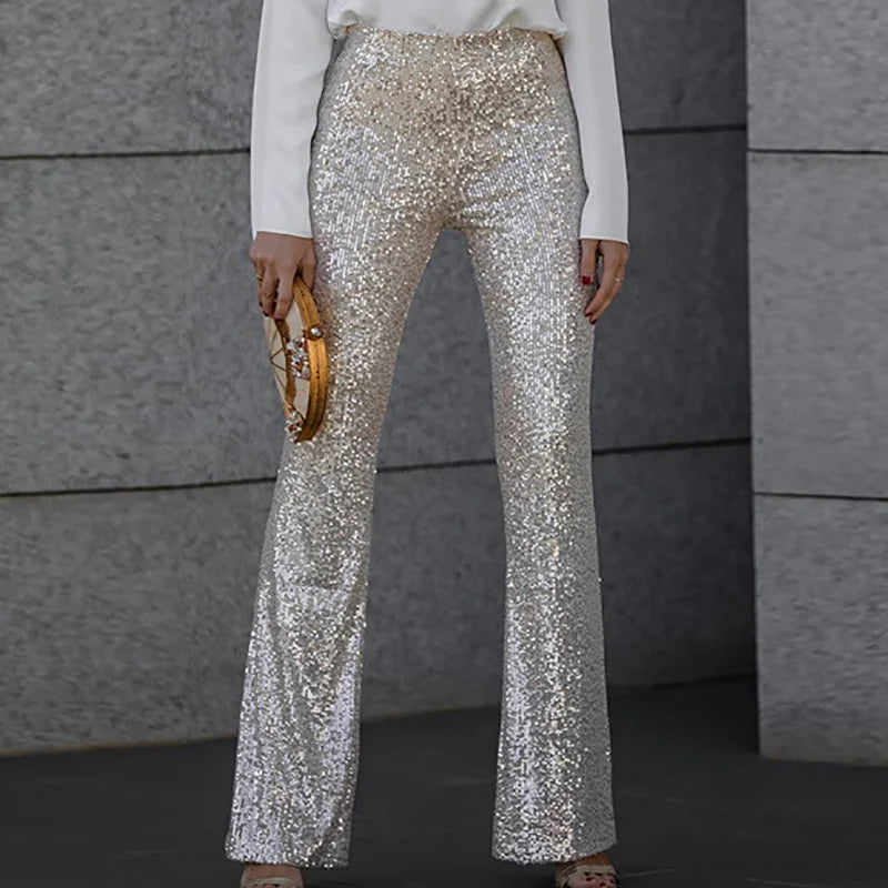 Glitter Elegante Dames High Waist Flared Pailletten Broek
