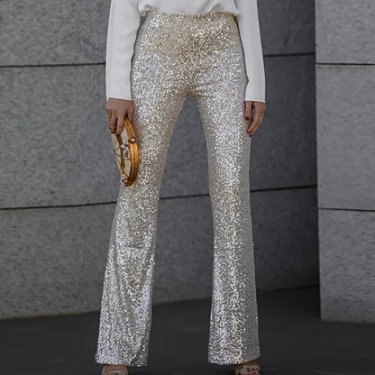 Glitter Elegante Dames High Waist Flared Pailletten Broek