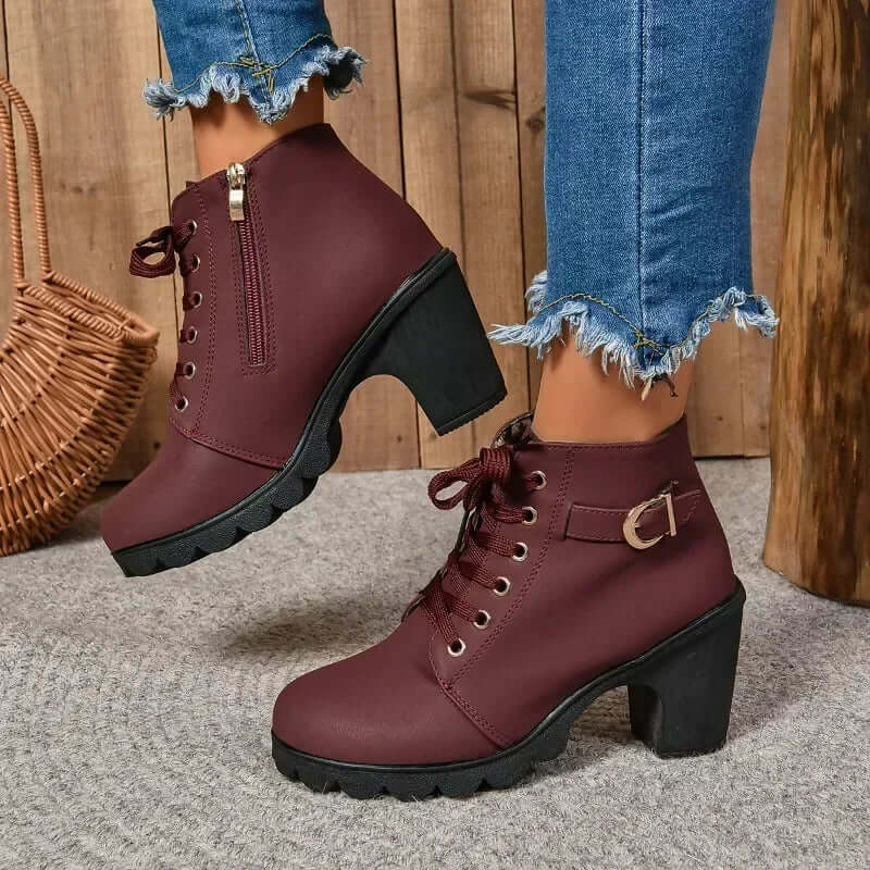 Dames Enkellaarsjes met Blokhak Vetersluiting en Antislip Zool