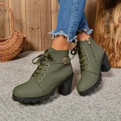 Dames Enkellaarsjes met Blokhak Vetersluiting en Antislip Zool