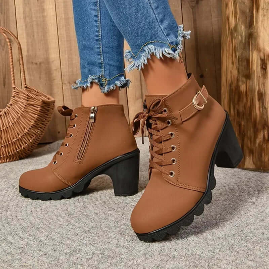 Dames Enkellaarsjes met Blokhak Vetersluiting en Antislip Zool