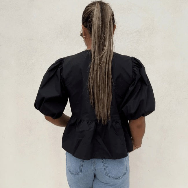 Yvonnelle - Gestreepte pofmouwblouse met striksluiting voor dames