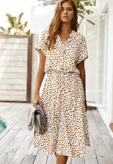Lucia - Knoopsluiting Midi Jurk met Koordtaille en Print voor Dames