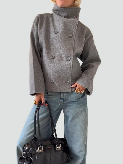 Dames Wolblend Jas met Hoge Kraag en Dubbele Knopen
