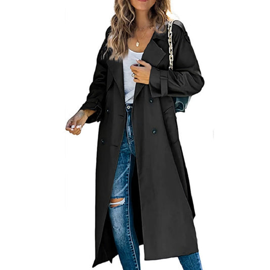 Elegante Dames Maxi Trenchcoat Met Dubbele Rij Knopen