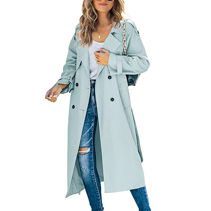 Elegante Dames Maxi Trenchcoat Met Dubbele Rij Knopen