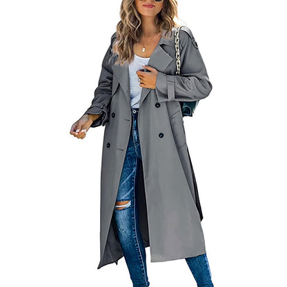 Elegante Dames Maxi Trenchcoat Met Dubbele Rij Knopen