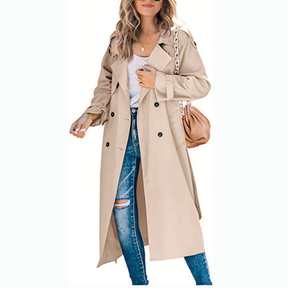 Elegante Dames Maxi Trenchcoat Met Dubbele Rij Knopen