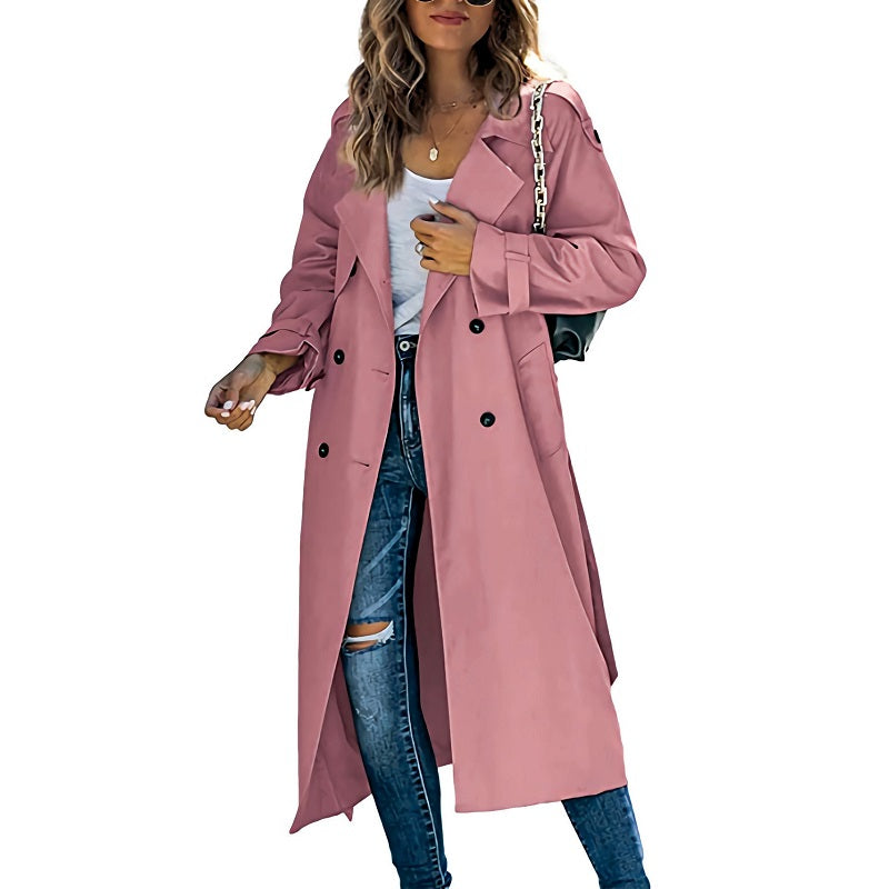 Elegante Dames Maxi Trenchcoat Met Dubbele Rij Knopen