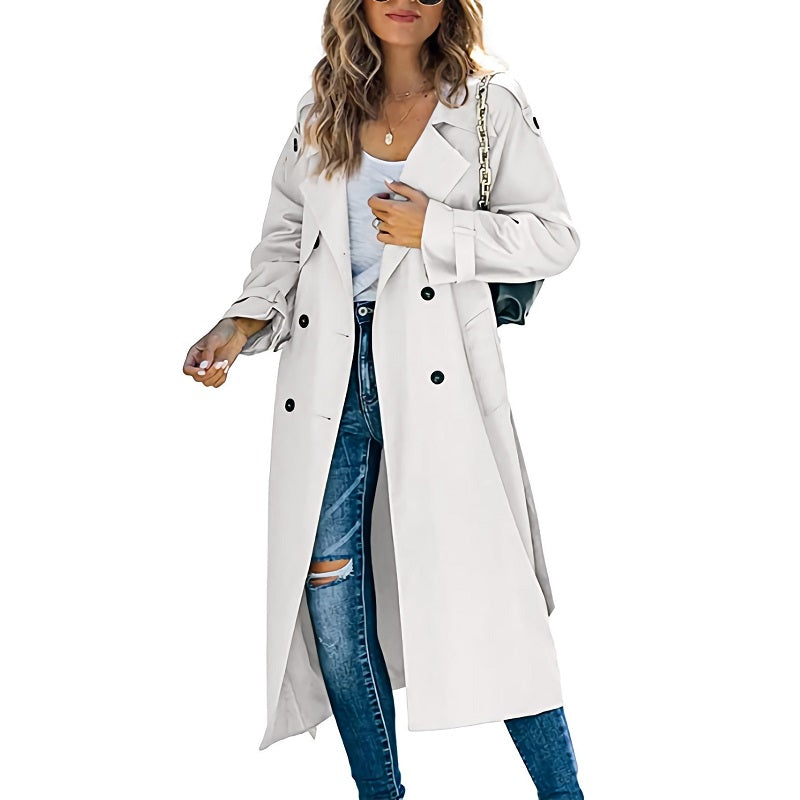 Elegante Dames Maxi Trenchcoat Met Dubbele Rij Knopen
