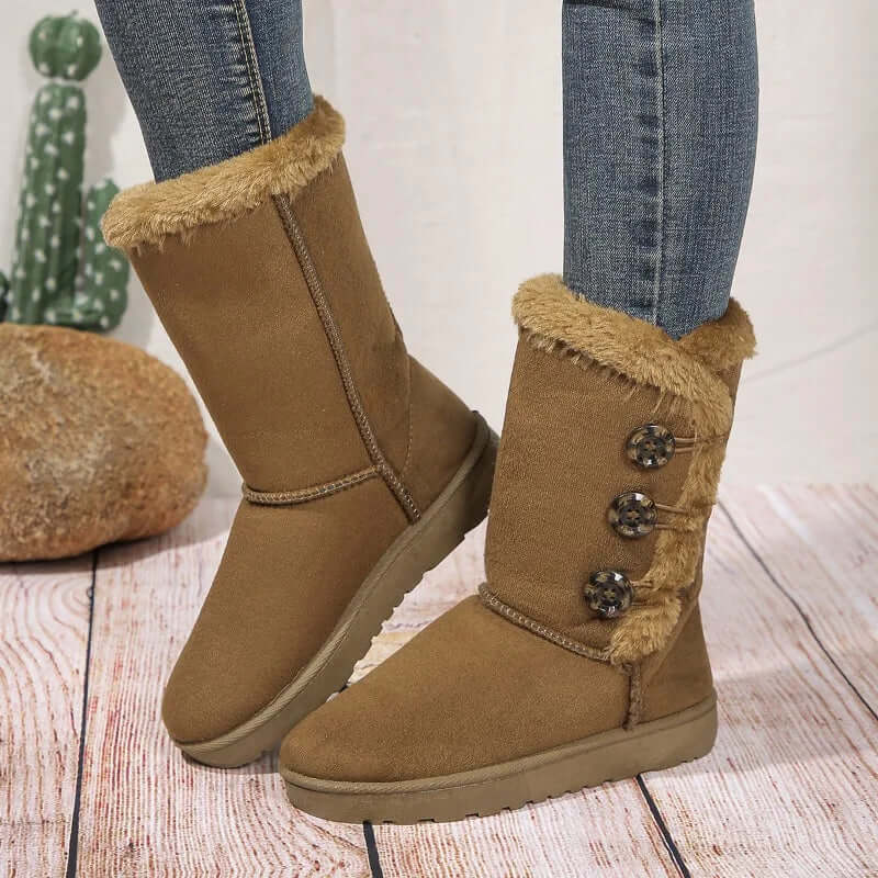 Dames Halfhoge Winter Laarzen Bruin Suède Look met Warme Voering en Knopen