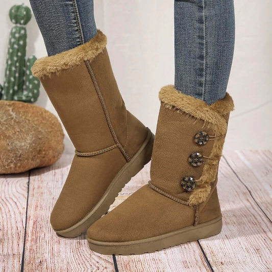 Dames Halfhoge Winter Laarzen Bruin Suède Look met Warme Voering en Knopen