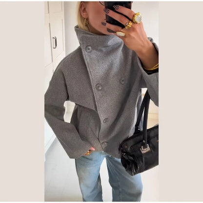 Dames Wolblend Jas met Hoge Kraag en Dubbele Knopen
