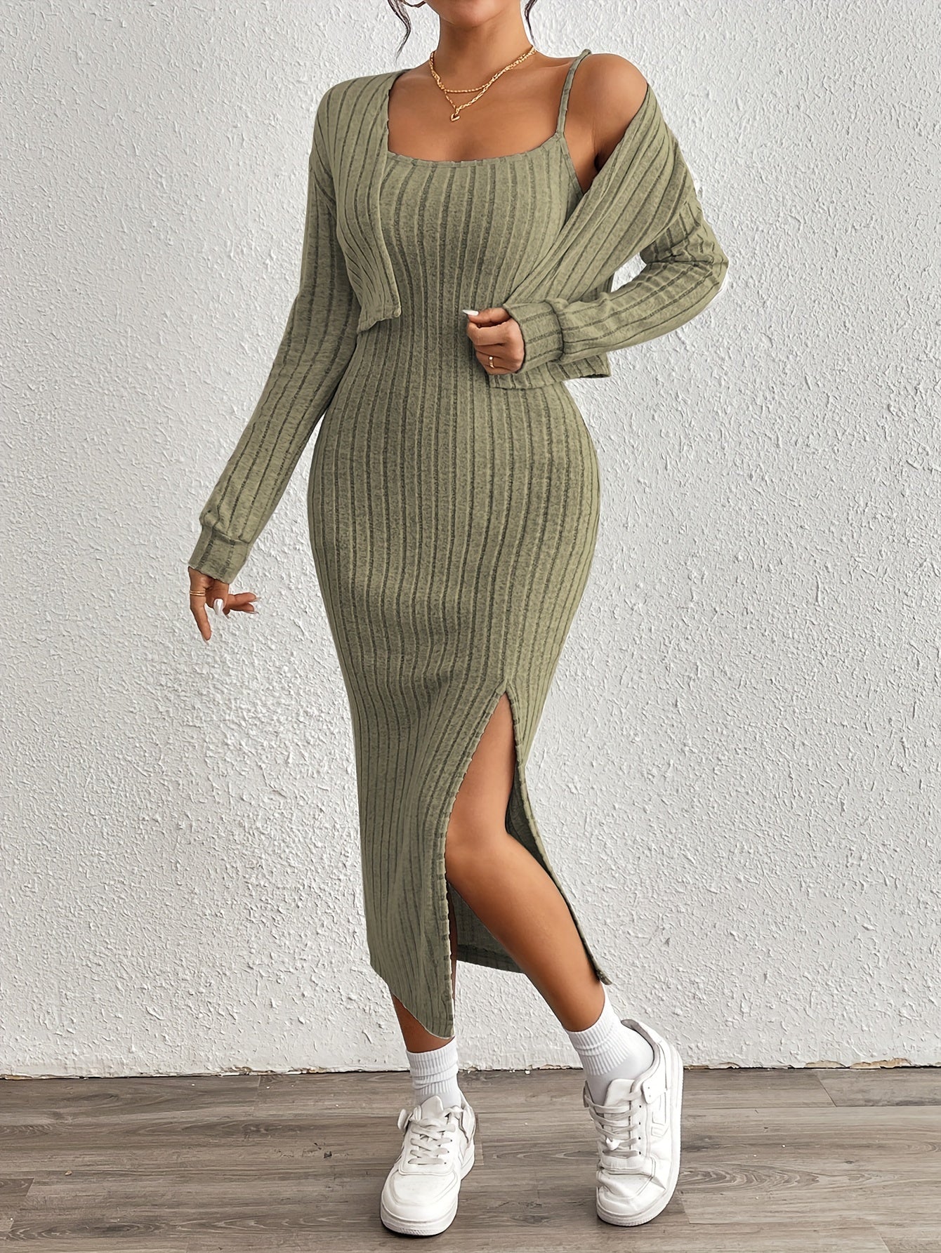 Stijlvolle Geribde Midi jurk Set Voor Dames Met Bolero Vest En Split