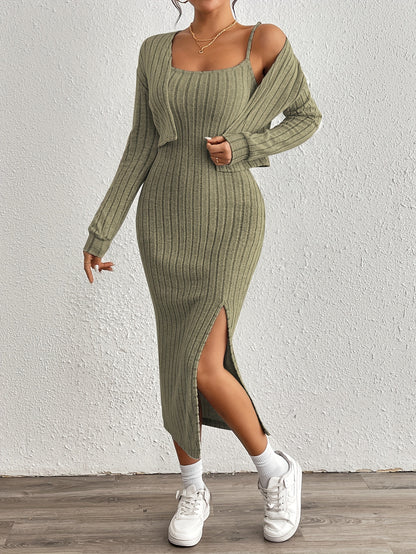 Stijlvolle Geribde Midi jurk Set Voor Dames Met Bolero Vest En Split