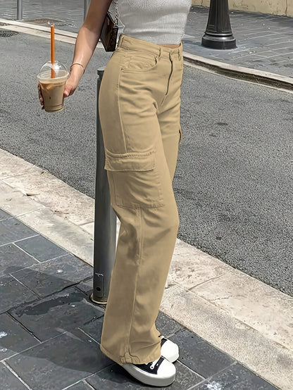 Trendy Hoge Taille Cargo Broek Voor Dames Met Wijde Pijpen En Zakken