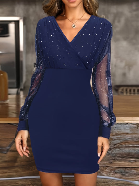 Pailletten Cocktail Mini Jurk Voor Vrouwen Met Lange Mesh Mouwen