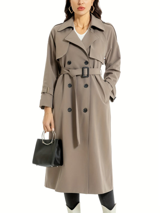 Vrouwen Elegante Waterdichte Maxi Trenchcoat Getailleerd Dubbelrijg Met Ceintuur