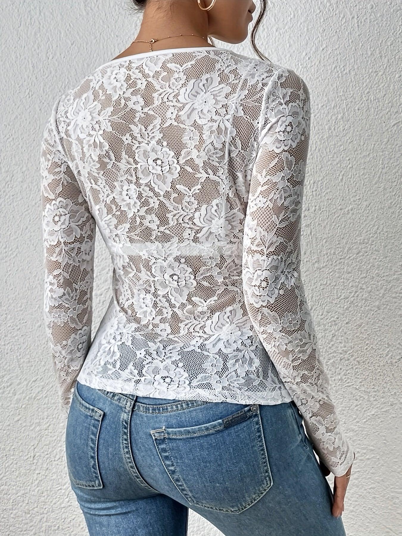 Élise – Kanten Body met Lange Mouwen en Diepe Hals
